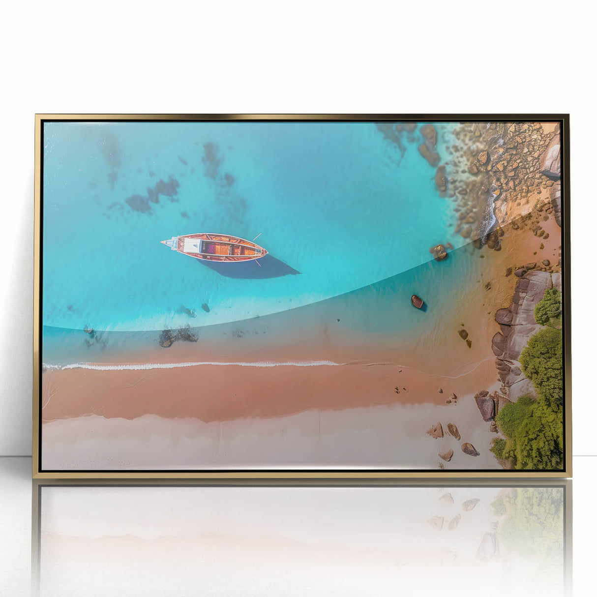 Art Deco poster of a Caribbean scenery in gold framed acrylic, with vibrant ocean and sky hues.