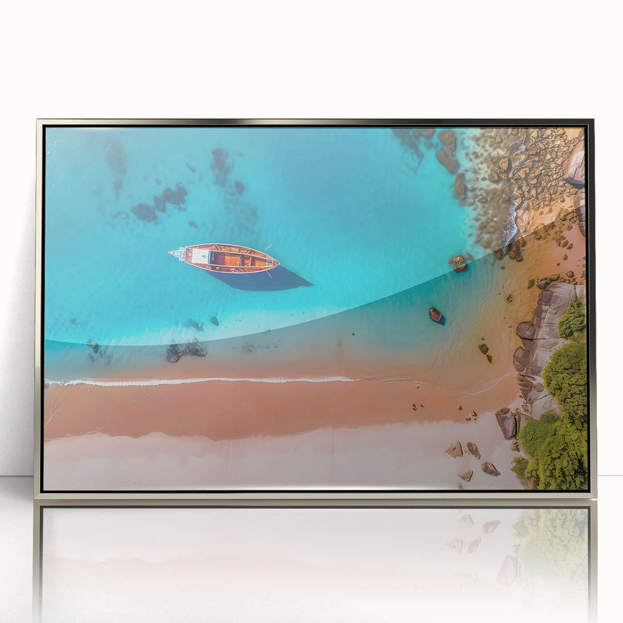 Large art print of a Caribbean scenery in muted blue and green tones on a framed acrylic, ideal for modern art wall decor.