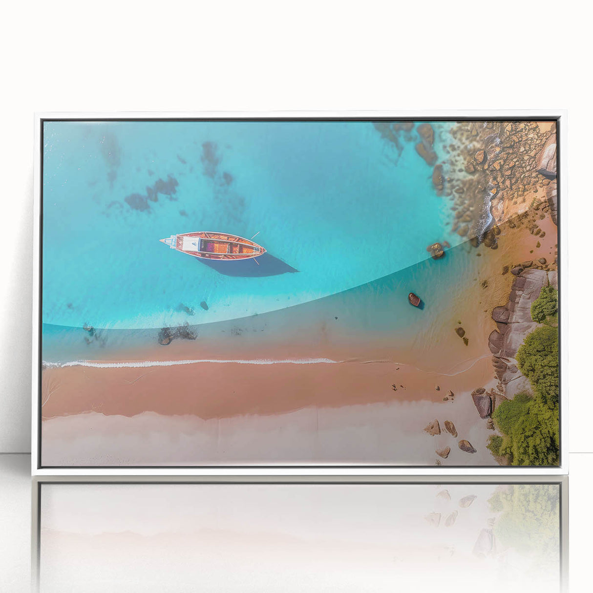 Mid-century modernist art depicting a Caribbean scenery on a white-framed acrylic print, suitable for nursery wall art.