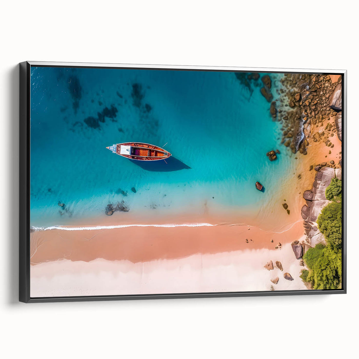 Black and white framed canvas depicting a vintage Caribbean landscape, ideal for bedroom wall decor.