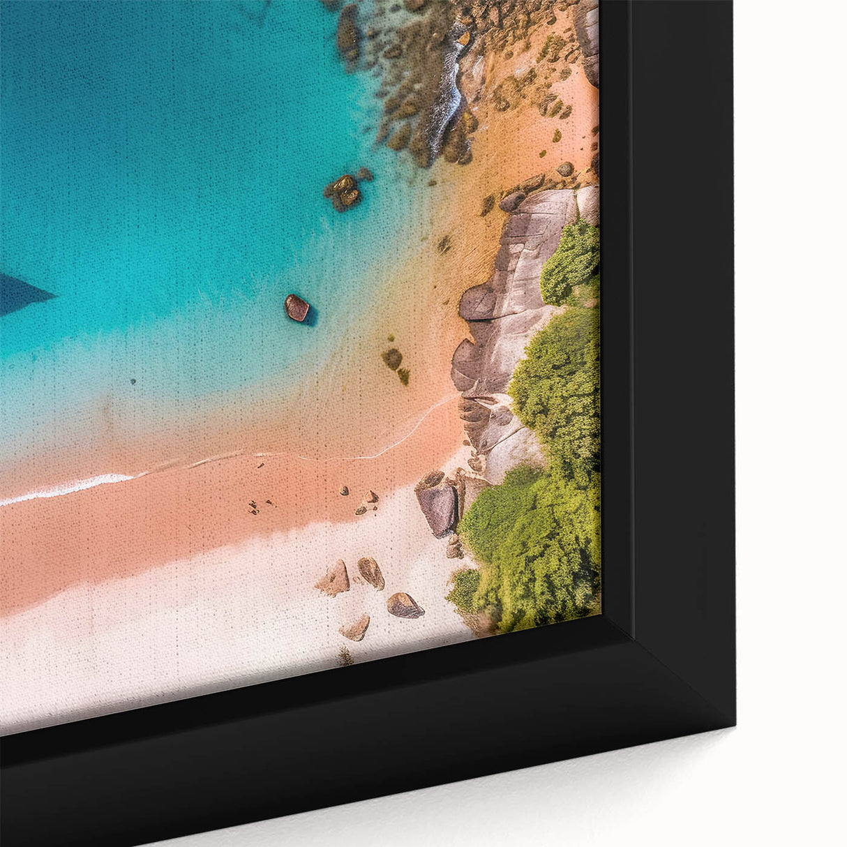 Extra large framed canvas depicting a textured Caribbean scenery in vibrant colors, ideal for living room decor.
