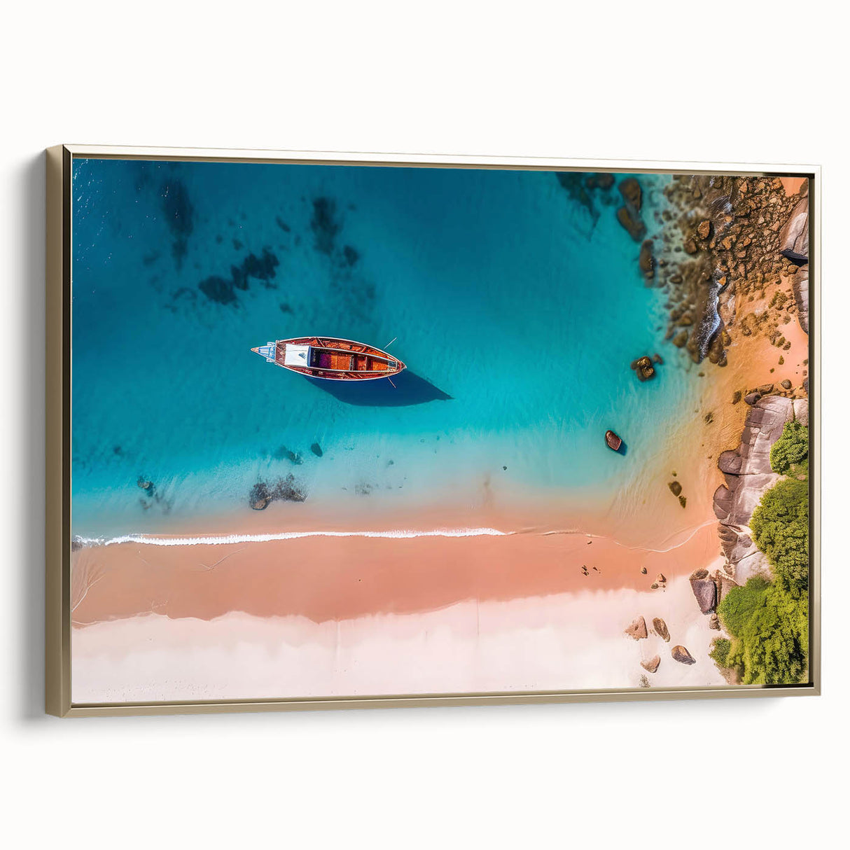Vintage poster art of a Caribbean scene on framed canvas, featuring vibrant colors, ideal for living room decor.