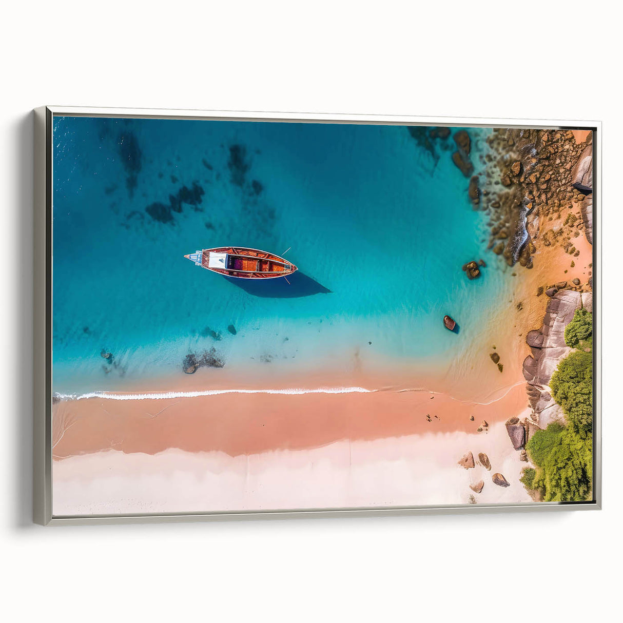 Framed canvas depicting a serene Caribbean landscape in muted blues and greens, ideal for bedroom wall art.
