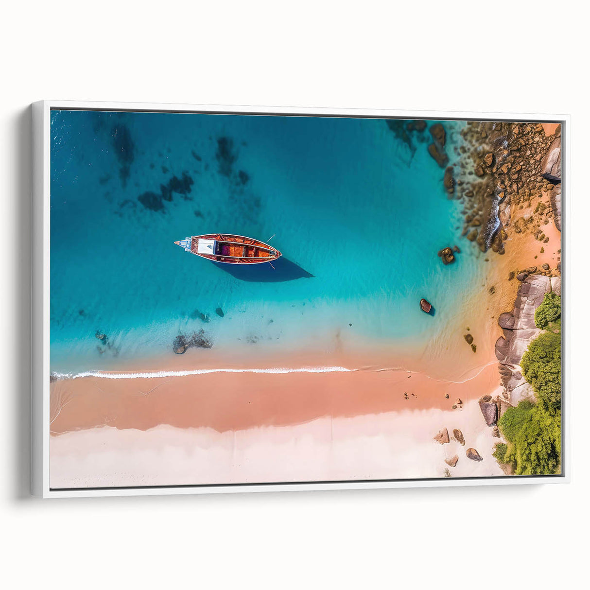 Framed canvas landscape art painting featuring a Caribbean scene with vibrant colors, ideal for living room decor.