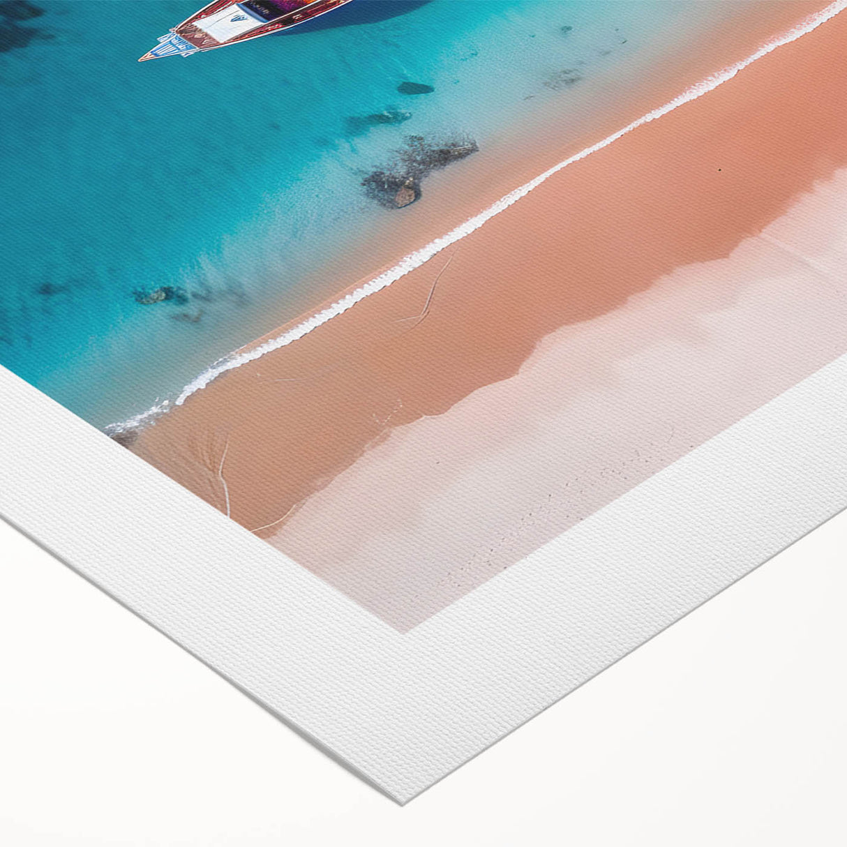 Art deco poster of a Caribbean scenery on rolled canvas, featuring vibrant blue and green tones.