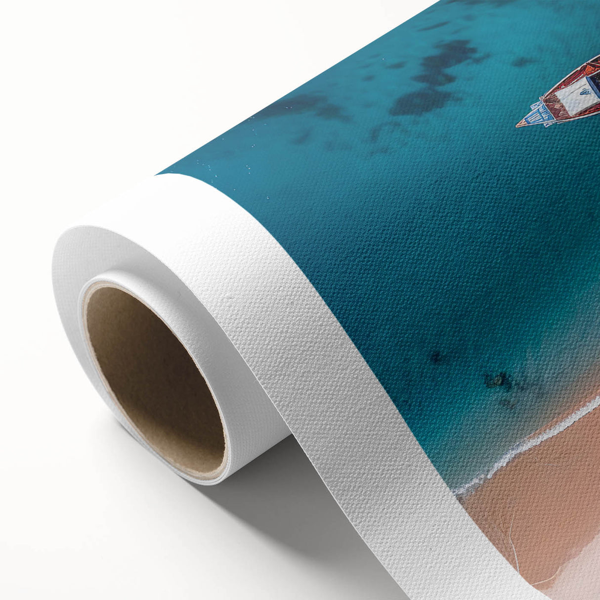 Art Deco style poster of Caribbean scenery on rolled canvas, featuring muted blue and green tones.