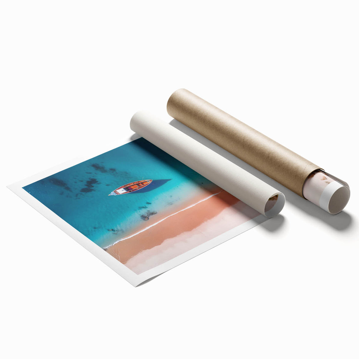 Extra large rolled print featuring a vibrant Caribbean scenery with lush floral elements.