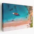 Caribbean beach scene with palm trees on a stretched canvas, featuring soft blue and sandy tones, ideal for kitchen wall art.