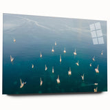 Large abstract wall art of Caribbean scenery on acrylic glass, featuring vibrant ocean blues and greens.
