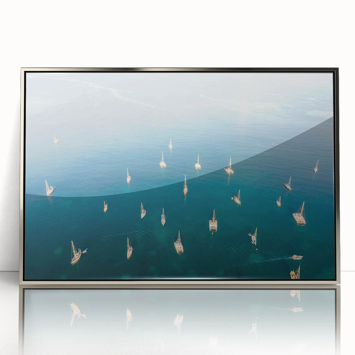 Art deco poster of a Caribbean Martinique scenery in pastel shades, silver-framed acrylic print.