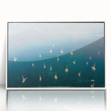 Framed acrylic print of a serene Caribbean Martinique scenery in muted blue and green tones, ideal for modern art wall decor.