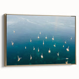 Framed canvas featuring a vintage-style landscape painting of the Caribbean, with muted greens and blues.