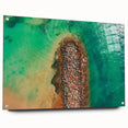 Large abstract wall art of Caribbean scenery on acrylic glass, featuring vibrant blue and green tones.