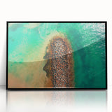 Large abstract wall art of a Caribbean scenery in mid-century modernist style, framed in black acrylic.