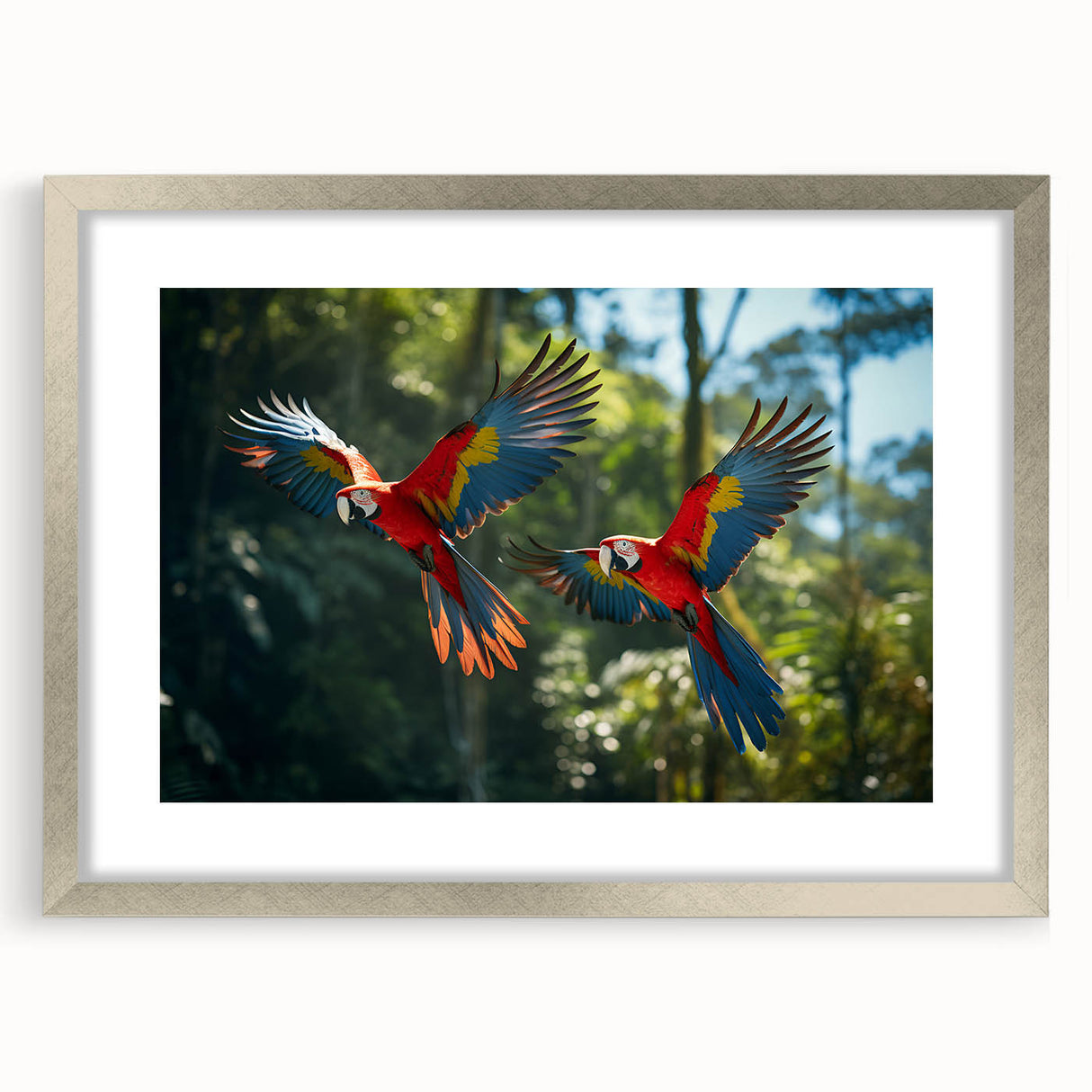 Textured abstract art print depicting a vibrant Costa Rican landscape on a silver-framed canvas, ideal for bedroom decor.
