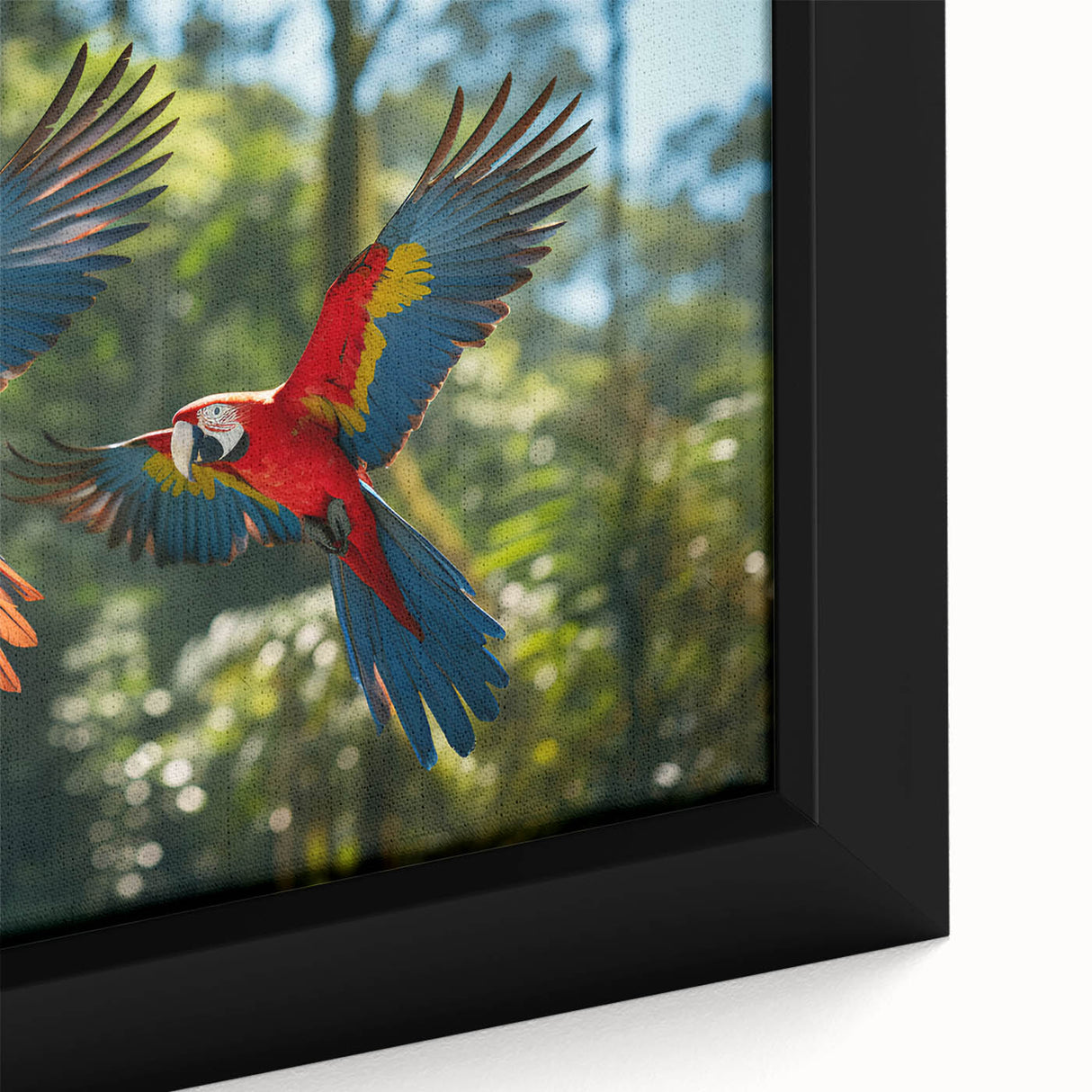 Close-up of a framed canvas featuring a textured black wall art of a Costa Rican landscape with vibrant, colorful accents.