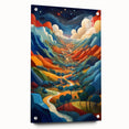 Acrylic print of a large abstract depiction of El Salvador scenery, using vibrant hues, ideal for dining room decor.