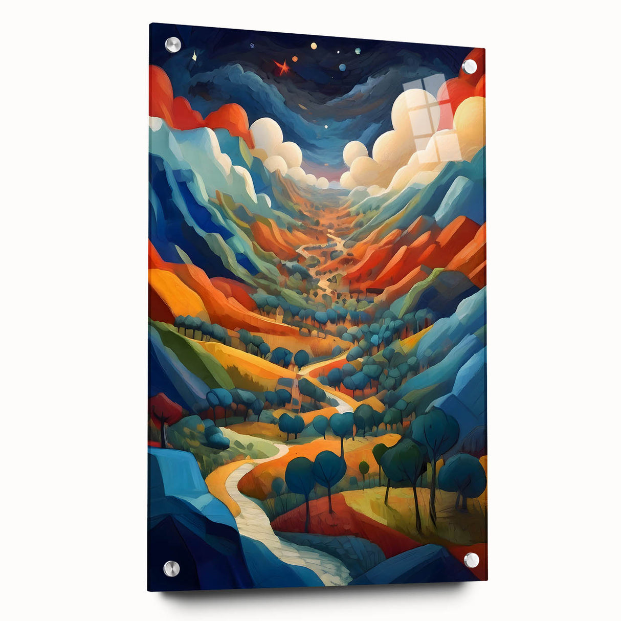 Acrylic print of a large abstract depiction of El Salvador scenery, using vibrant hues, ideal for dining room decor.