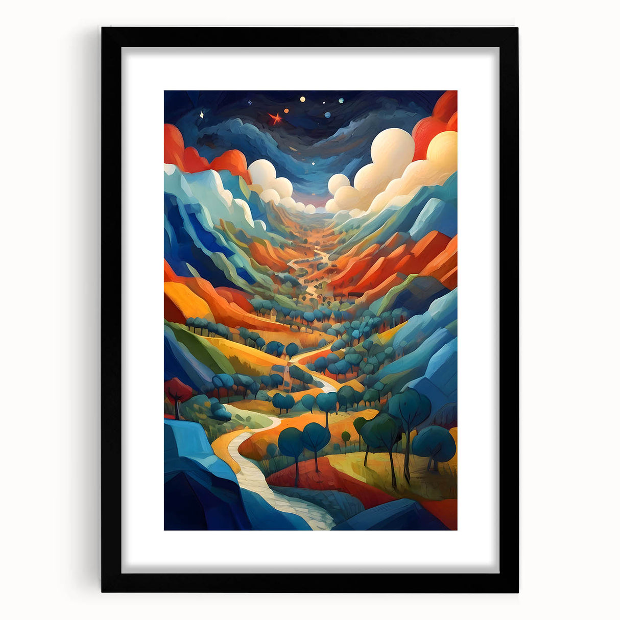 Colorful abstract art print of Central American scenery in a black frame, ideal for living room decor.