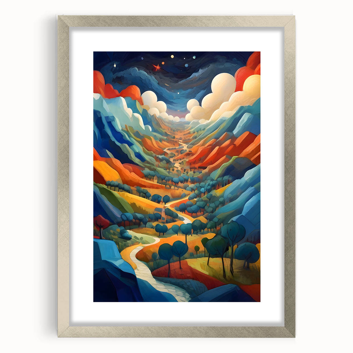 Textured abstract art print of Central American scenery in silver frame, ideal for bedroom art.