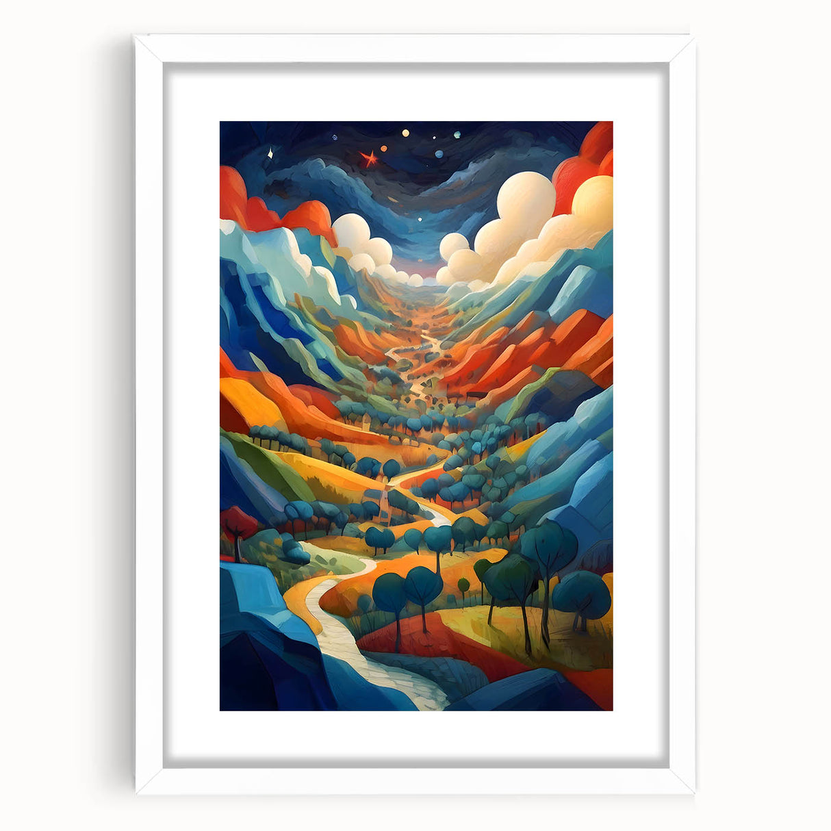 Abstract art print of El Salvador scenery in muted green and blue tones on a white framed poster.
