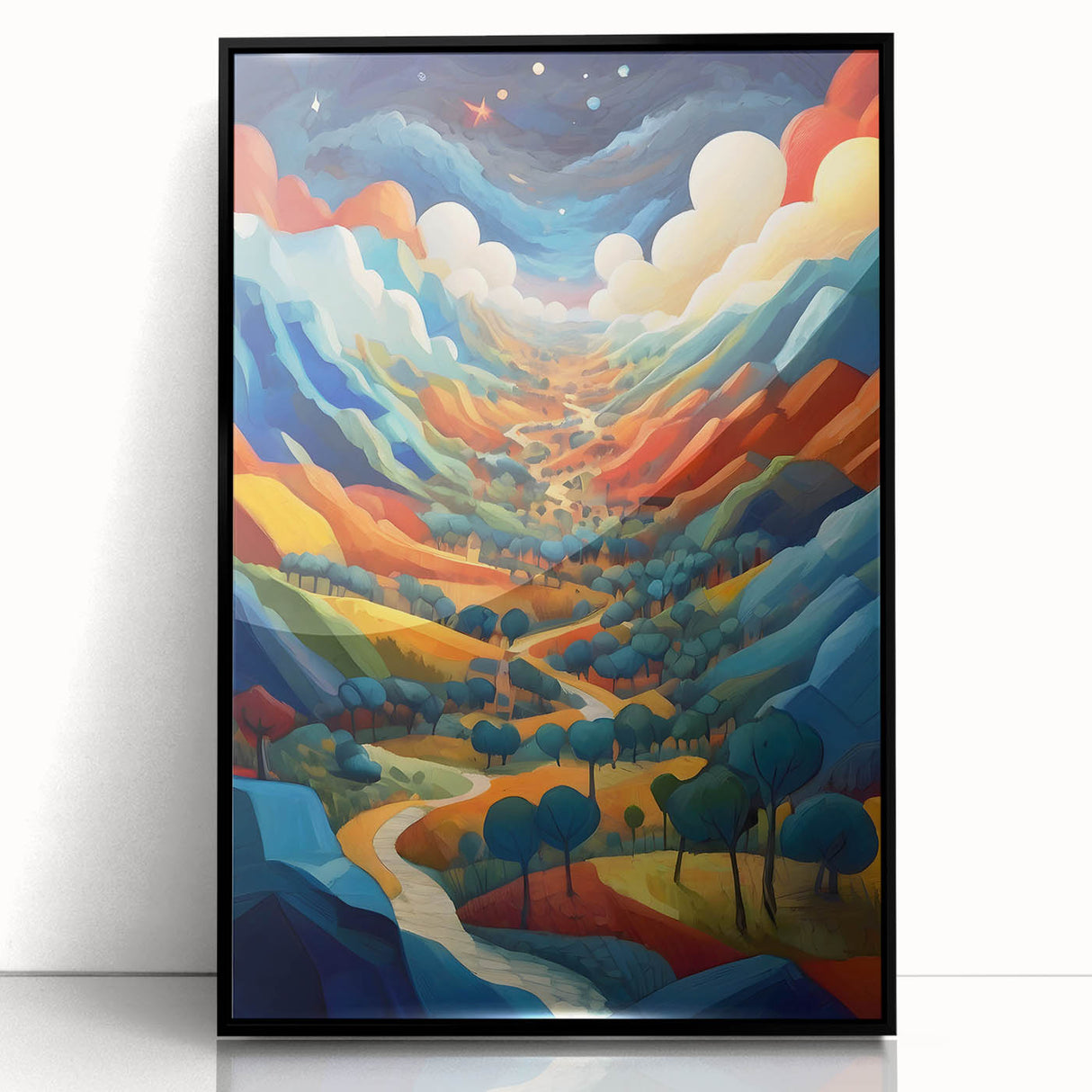 Large abstract wall art featuring vibrant shades of blue and orange in a mid-century modernist style.