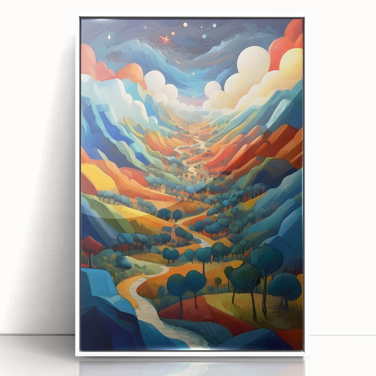 Art deco poster featuring a stylized El Salvador scenery in muted blue tones on a framed acrylic.