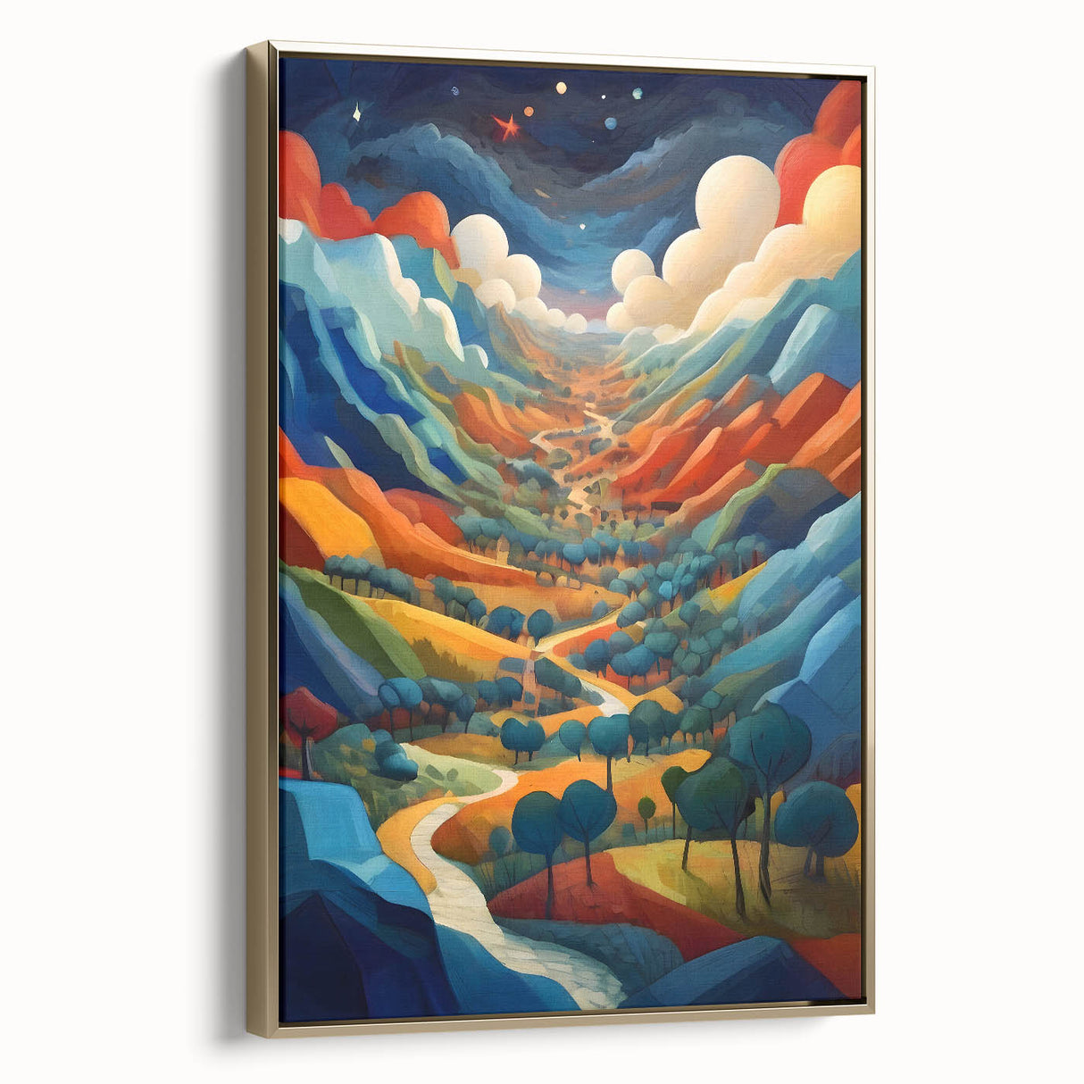 Framed canvas of a vintage-style landscape painting depicting a serene Salvadoran scenery, ideal for bedroom wall art.