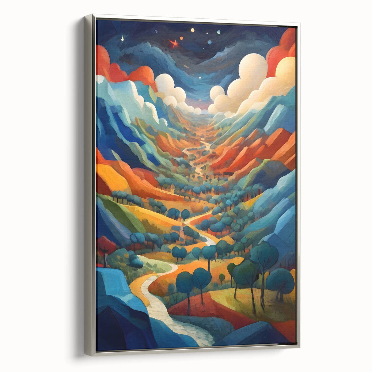 Framed canvas featuring a vintage-style landscape painting of El Salvador with vibrant colorful art and black borders.