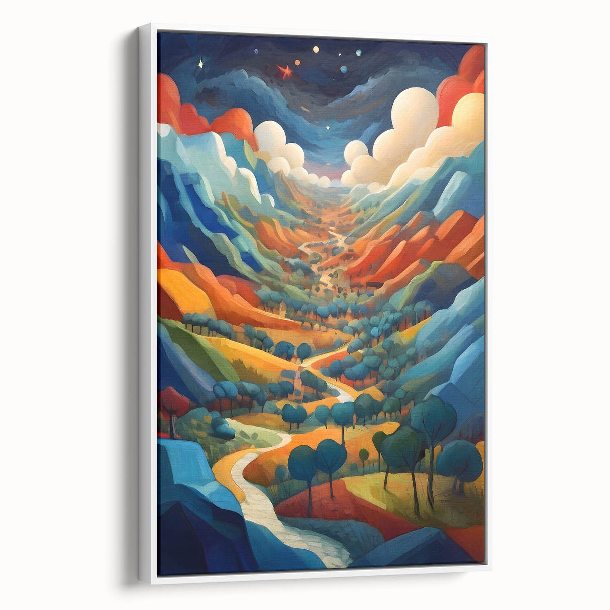 Vintage poster art of a Central American scenery on framed canvas, using a black and colorful palette.