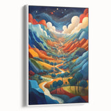 Vintage poster art of a Central American scenery on framed canvas, using a black and colorful palette.