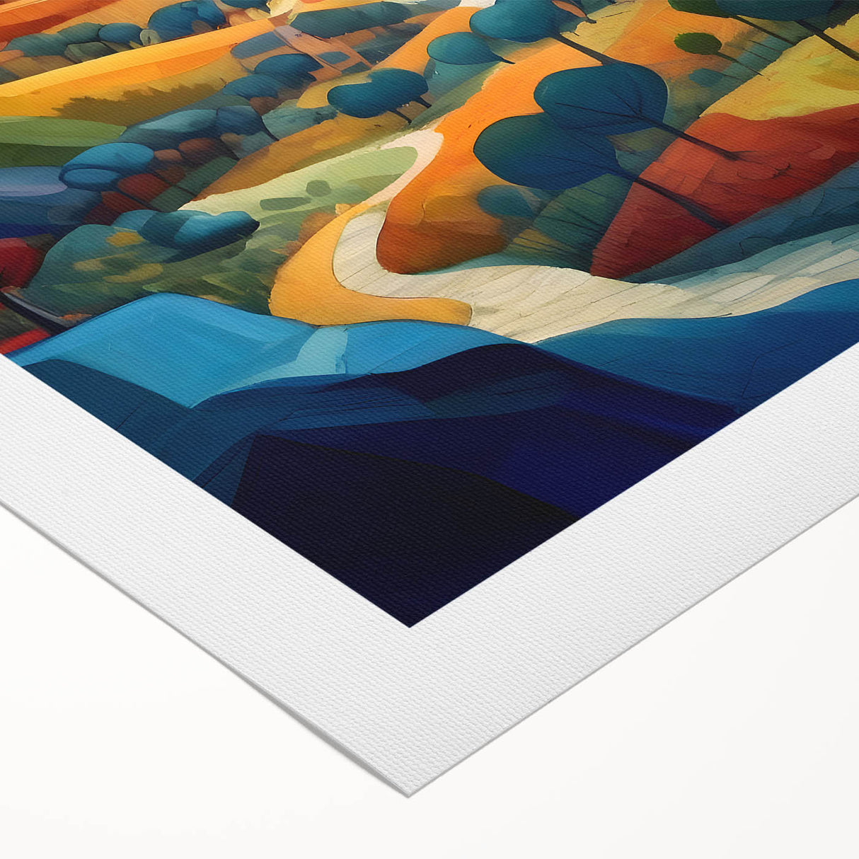 Art deco poster of El Salvador scenery on rolled canvas, featuring rich green and blue tones.