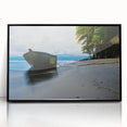 Large abstract wall art depicting a stylized Panama scenery in muted earth tones, framed in black acrylic.