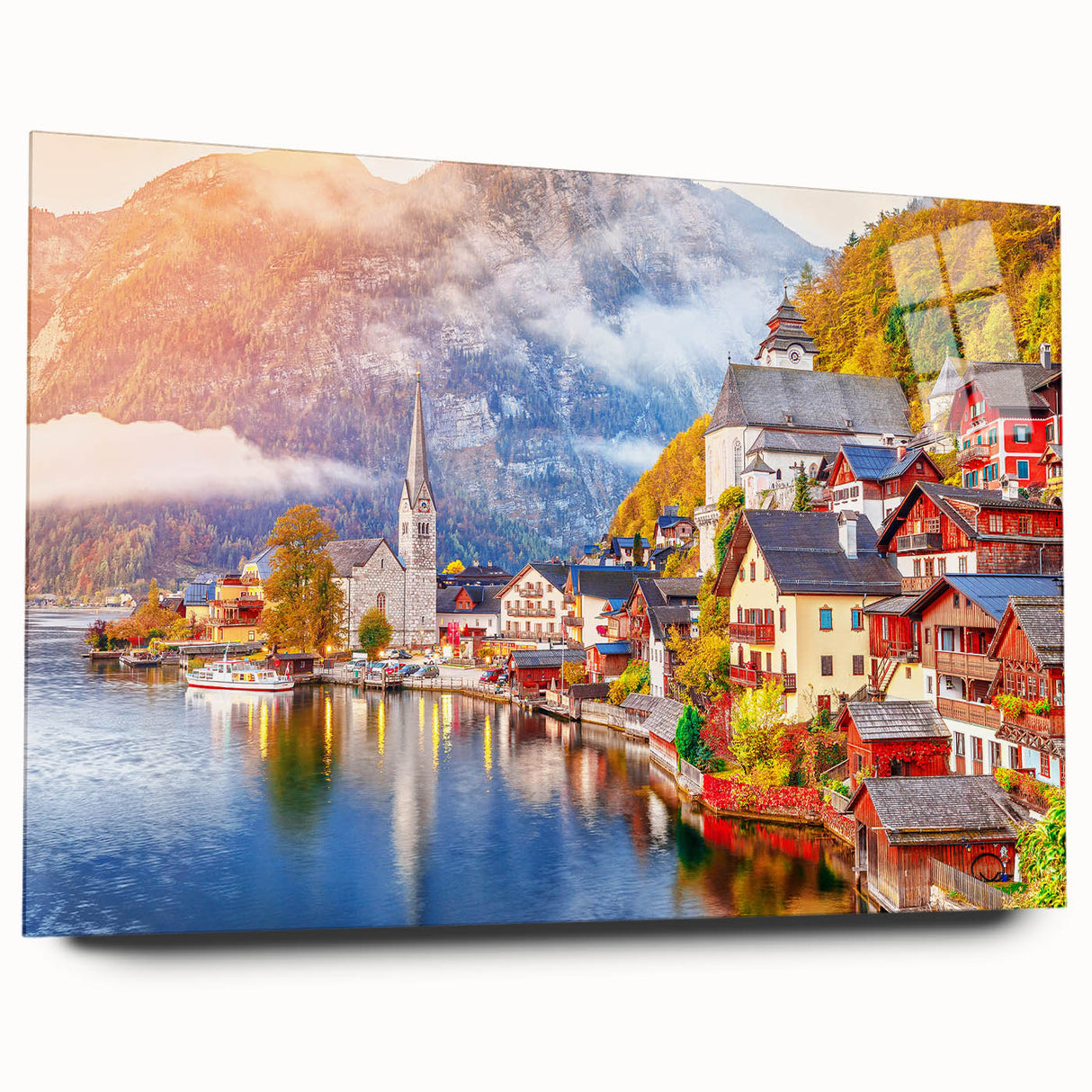 Large abstract depiction of an Austrian landscape in muted earth tones on acrylic glass.
