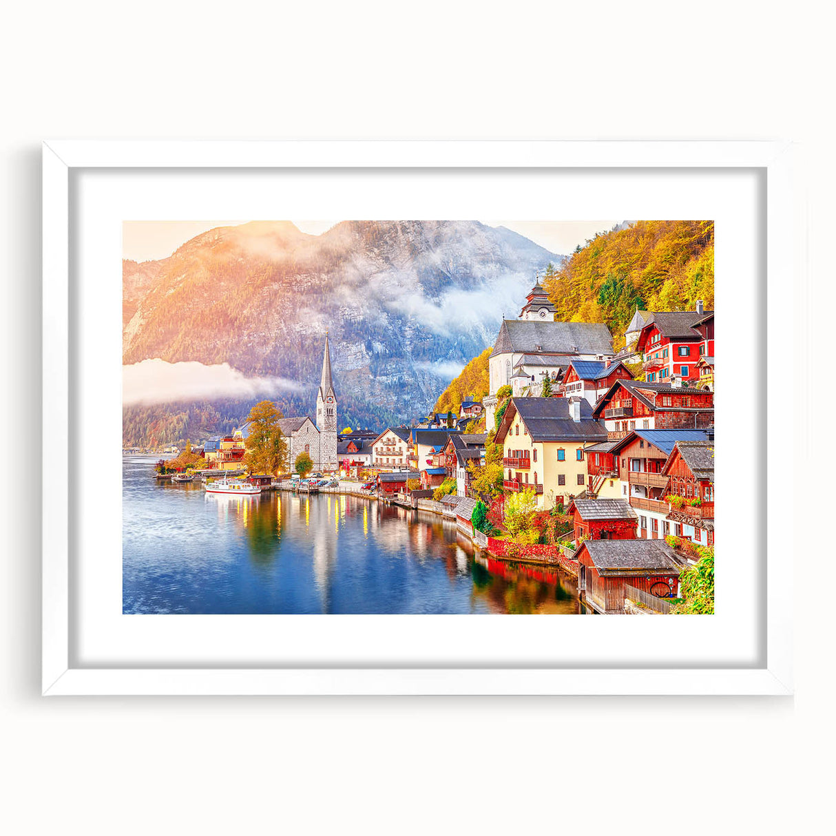 Textured abstract art print of a European scenery in muted earth tones, framed with a white mat, suitable for bedroom decor.