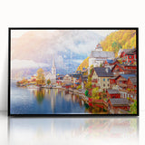 Large abstract wall art depicting a European landscape in muted earth tones on a framed acrylic canvas.