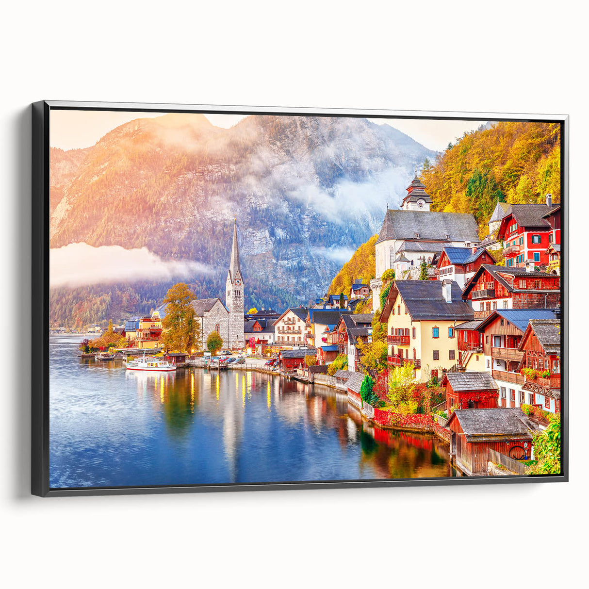 Black and white landscape art painting of a European mountain scene, printed on framed canvas, suitable for bedroom decor.