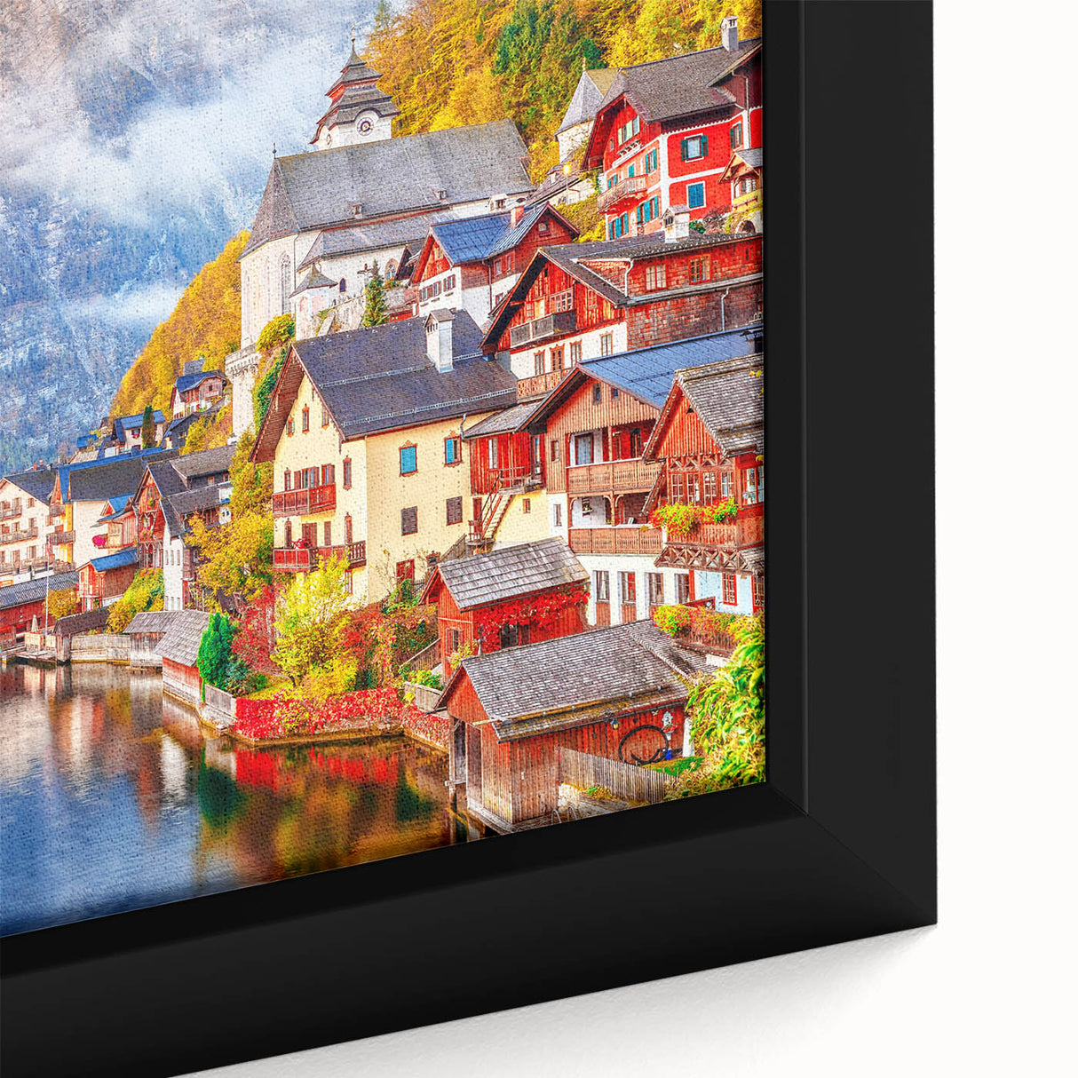 Extra large black wall art featuring a textured depiction of a European scenic landscape on framed canvas.