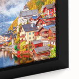 Extra large black wall art featuring a textured depiction of a European scenic landscape on framed canvas.