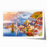 Rolled print of Austrian landscape featuring vibrant green fields and distant mountains, ideal for dining room wall art.