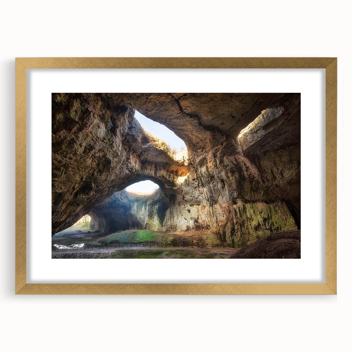 Abstract art print of a European scenery in Bulgaria, featuring muted earth tones on a gold-framed canvas.