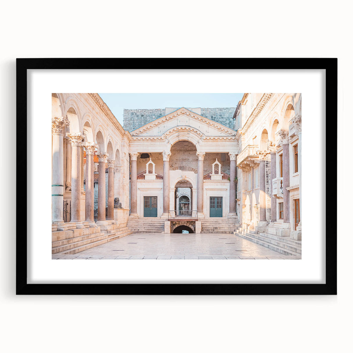 Extra large abstract art print depicting vibrant Croatian scenery on textured canvas, framed in black.