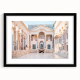 Extra large abstract art print depicting vibrant Croatian scenery on textured canvas, framed in black.