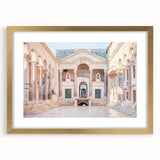 Abstract art print of a European Croatian scenery in muted earth tones, framed in gold, suitable for dining room decor.