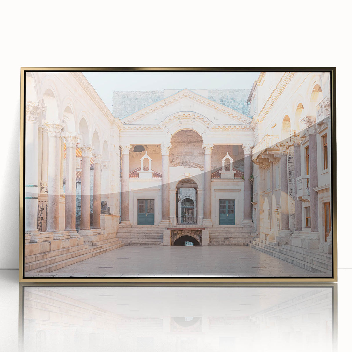 Art deco poster of a European Croatian landscape in gold acrylic frame, suitable as modern art wall decor.