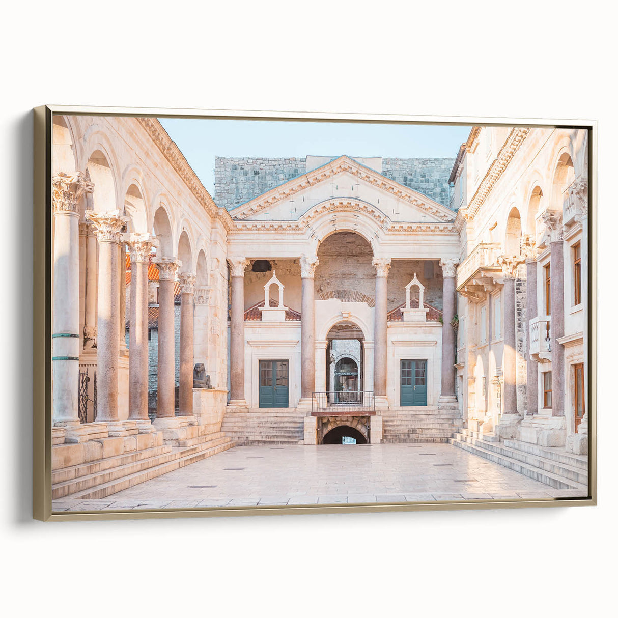 Vintage poster art of a Croatian landscape on framed canvas, featuring vibrant colors, ideal for living room decor.