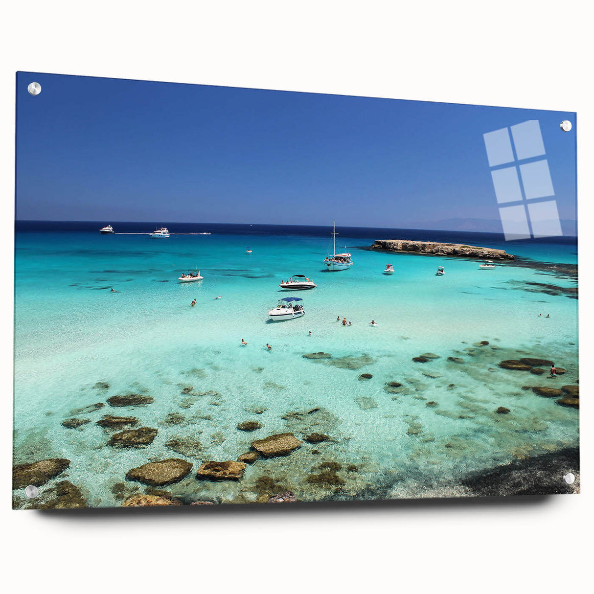 Large abstract wall art of a European Cyprus landscape in muted earth tones on acrylic glass.
