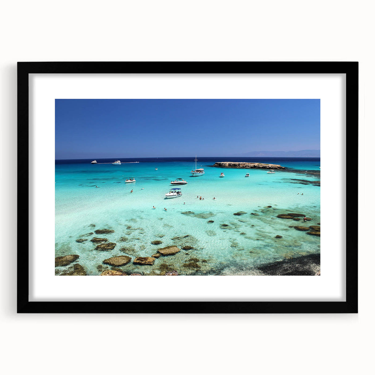 Abstract art print of colorful, textured scenery, set in a black frame, ideal for living room decor.