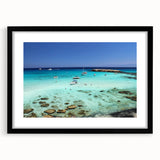 Abstract art print of colorful, textured scenery, set in a black frame, ideal for living room decor.