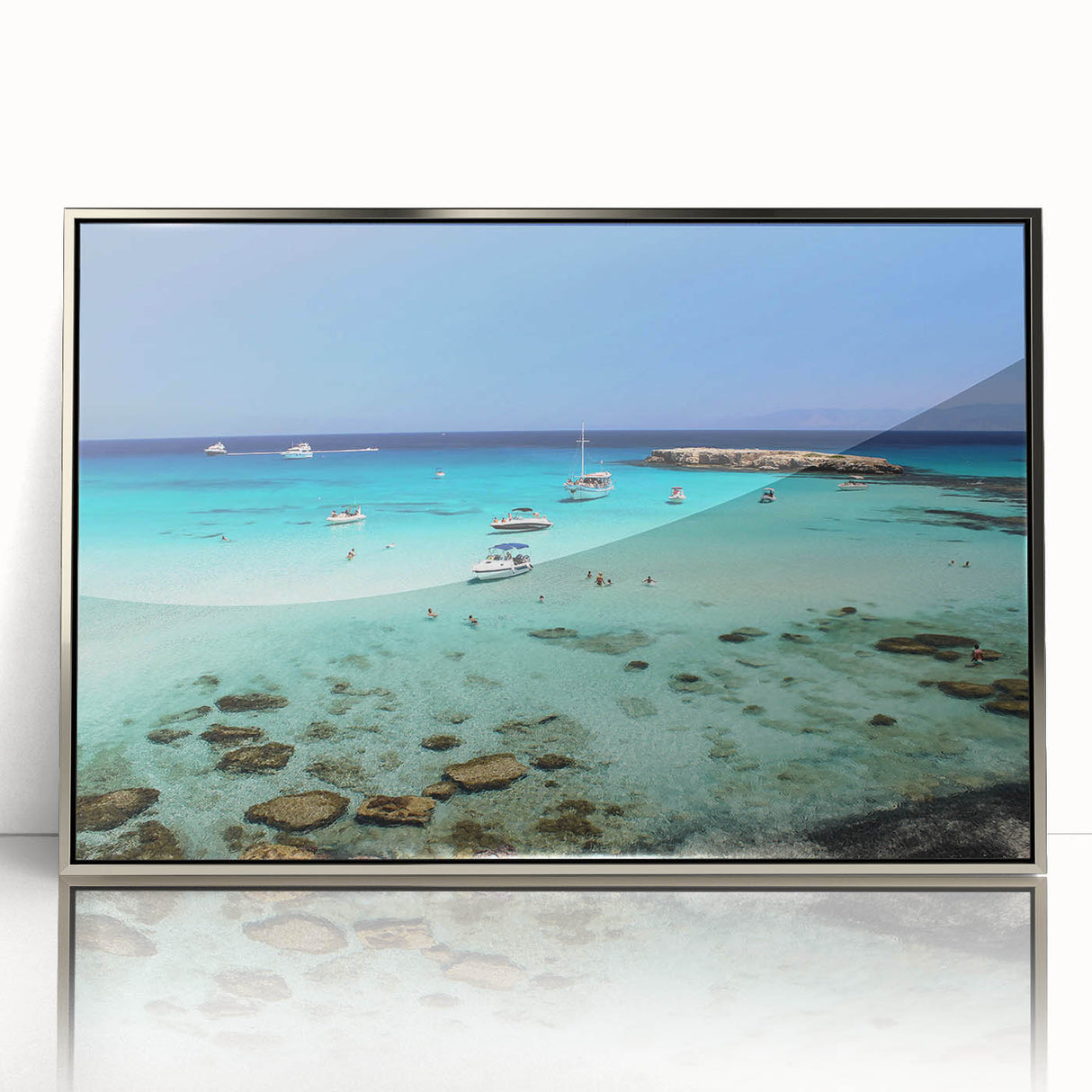 Large art print of a European Cyprus landscape in muted earth tones, framed in silver acrylic.